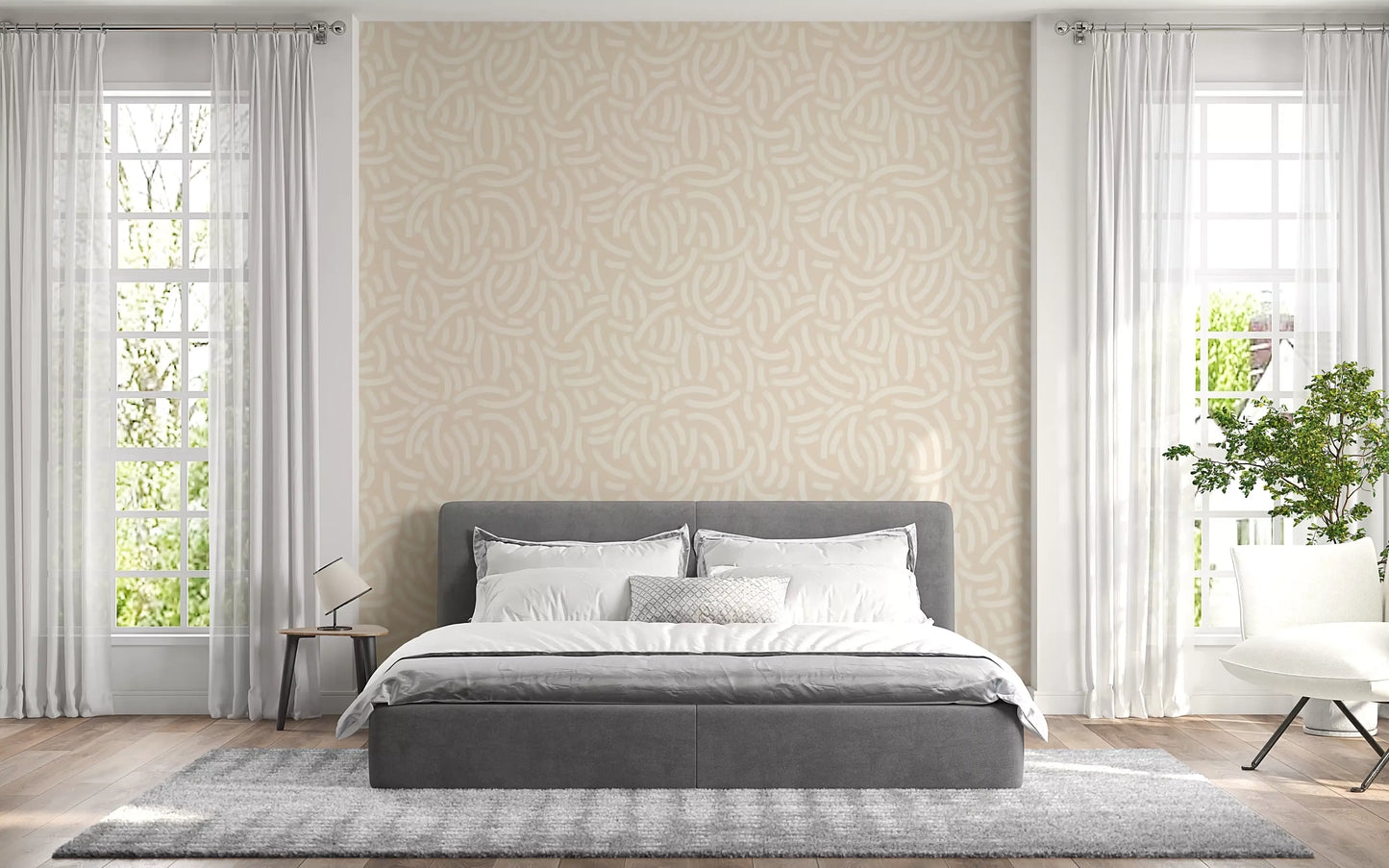 Neutral painterly wallpaper with ivory curved strokes on a muted beige surface.