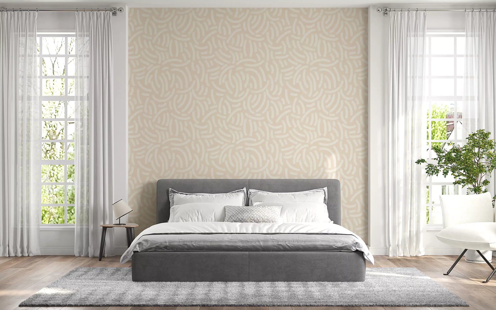 Neutral painterly wallpaper with ivory curved strokes on a muted beige surface.