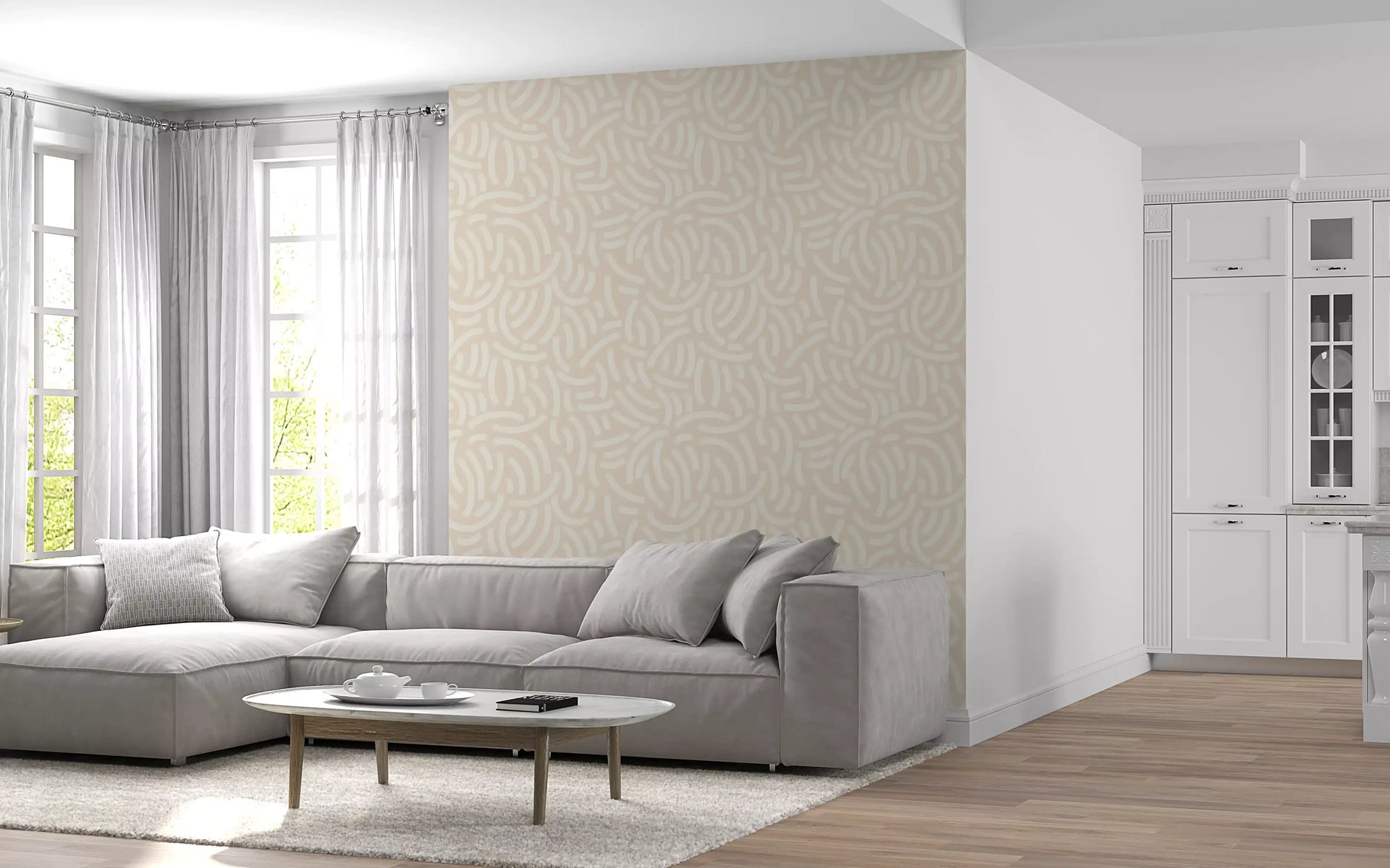 Soft beige wallpaper showing scattered ivory brushstroke marks in a loose pattern.