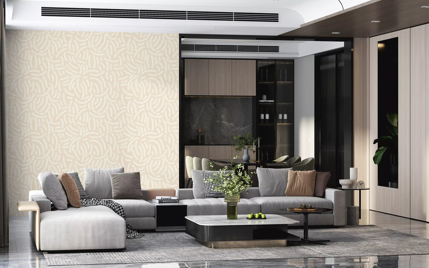 Contemporary textured paint wallpaper with organic ivory arcs in open living room.