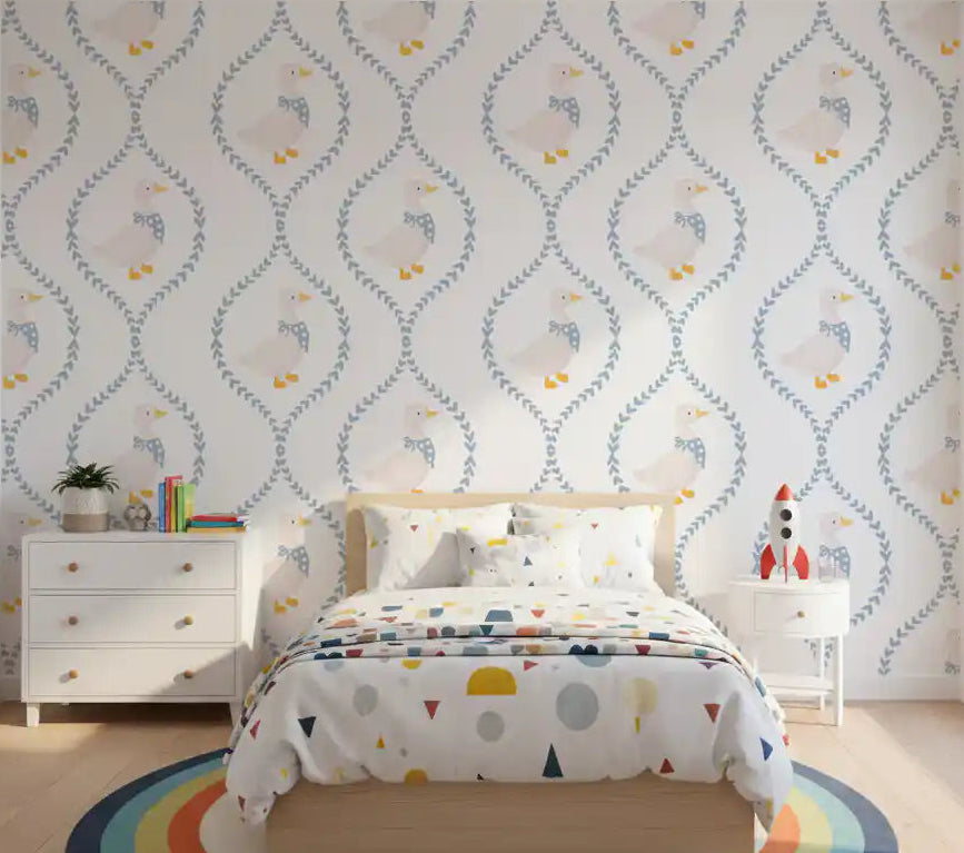 White ducks wallpaper with blue polka dot bows in children's bedroom., GD10100