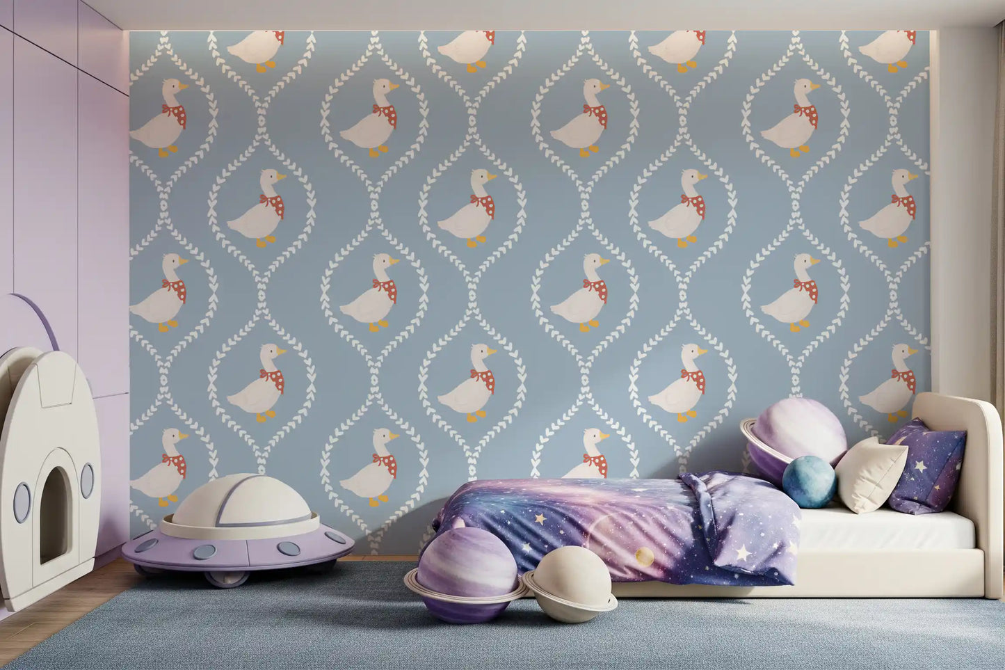 Kids room wallpaper featuring white geese, red polka-dot scarves, and hearts, GD10101