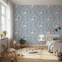 Cream and red goose wallpaper in a muted blue base with white heart motifs, GD10101
