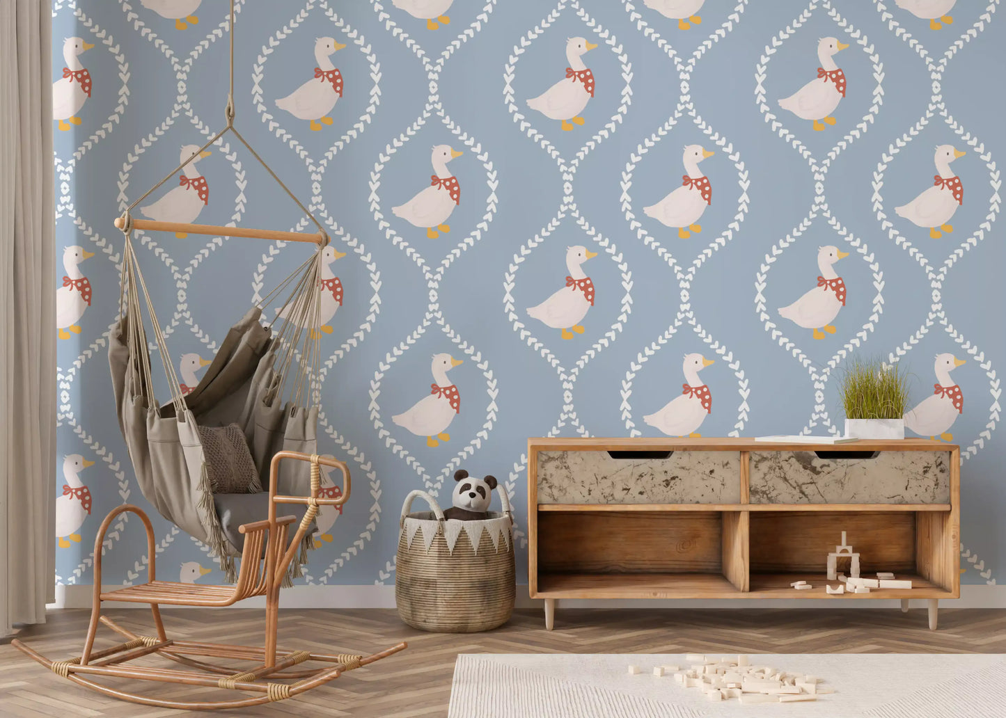 Dusty blue wallpaper featuring white geese inside diamond shaped heart panels., GD10101