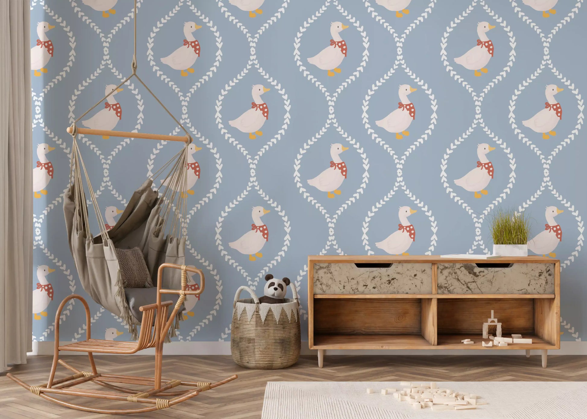 Dusty blue wallpaper featuring white geese inside diamond shaped heart panels., GD10101