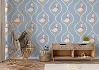Dusty blue wallpaper featuring white geese inside diamond shaped heart panels., GD10101