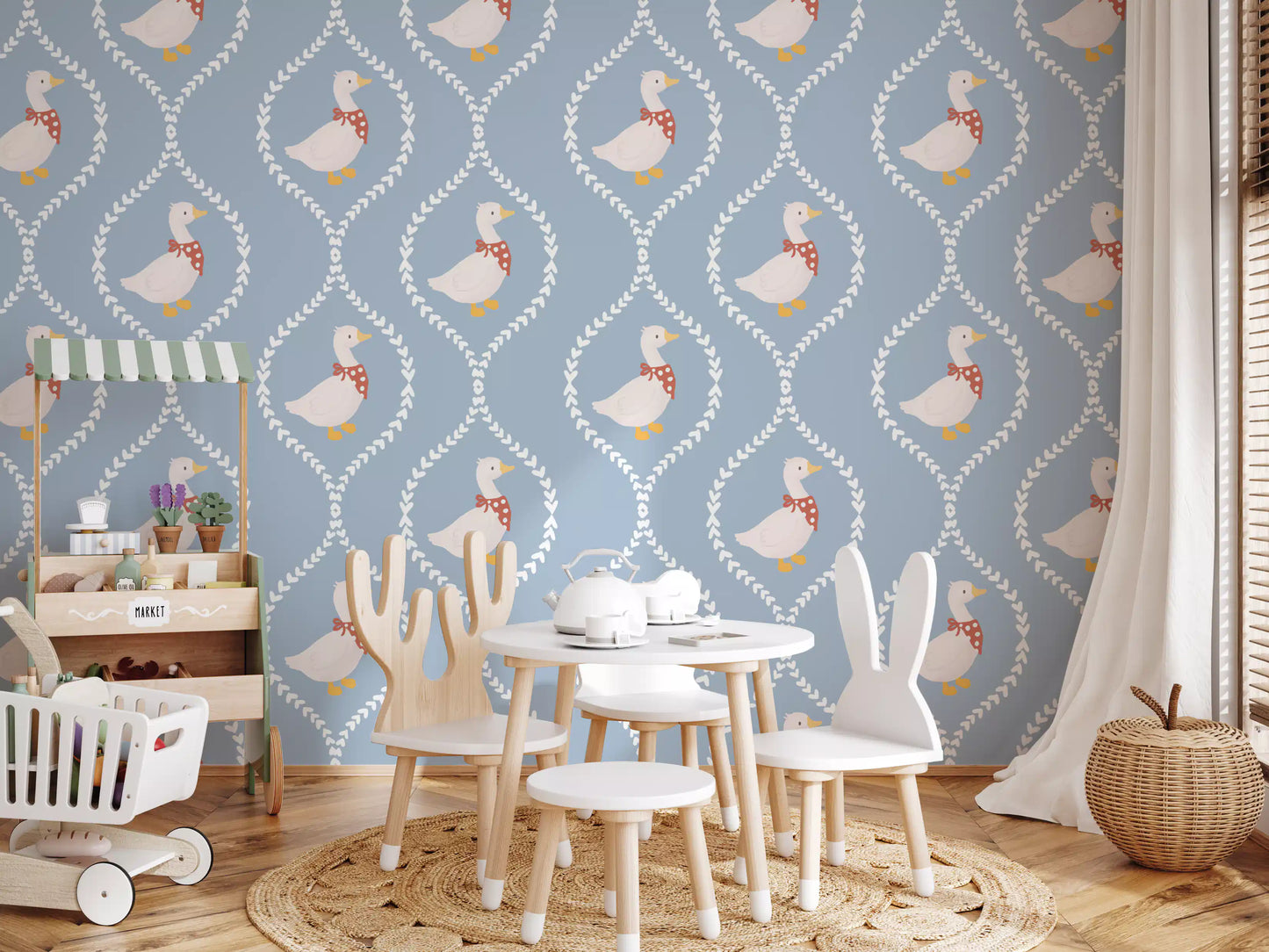 Trellis wallpaper with white geese, red scarves, and gentle cornflower blue tone., GD10101