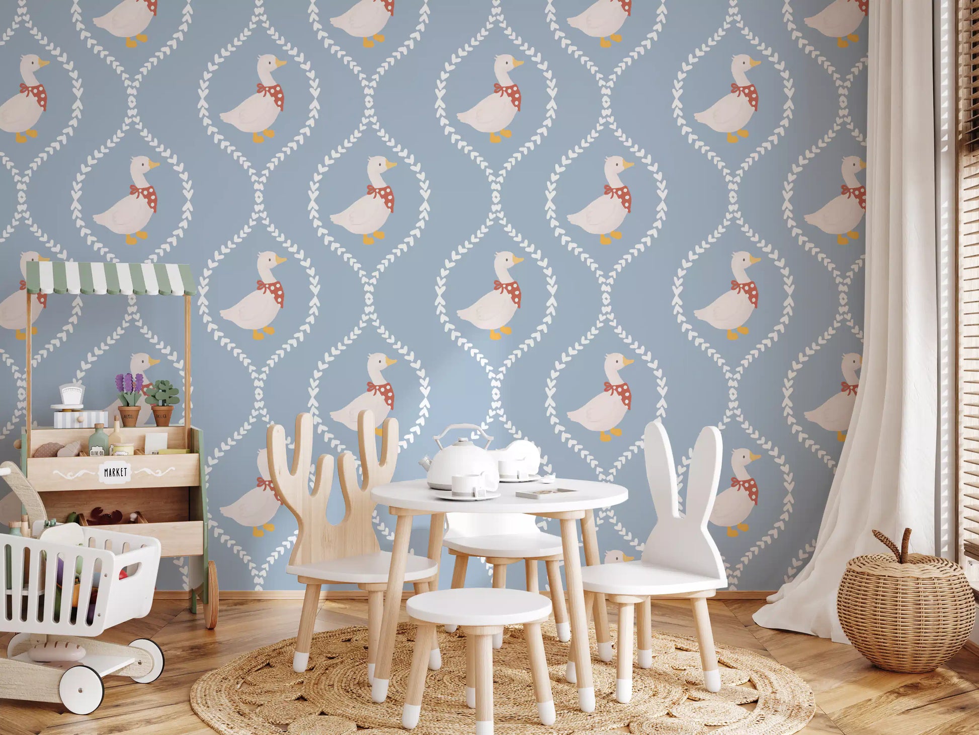 Trellis wallpaper with white geese, red scarves, and gentle cornflower blue tone., GD10101