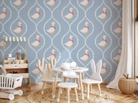 Trellis wallpaper with white geese, red scarves, and gentle cornflower blue tone., GD10101
