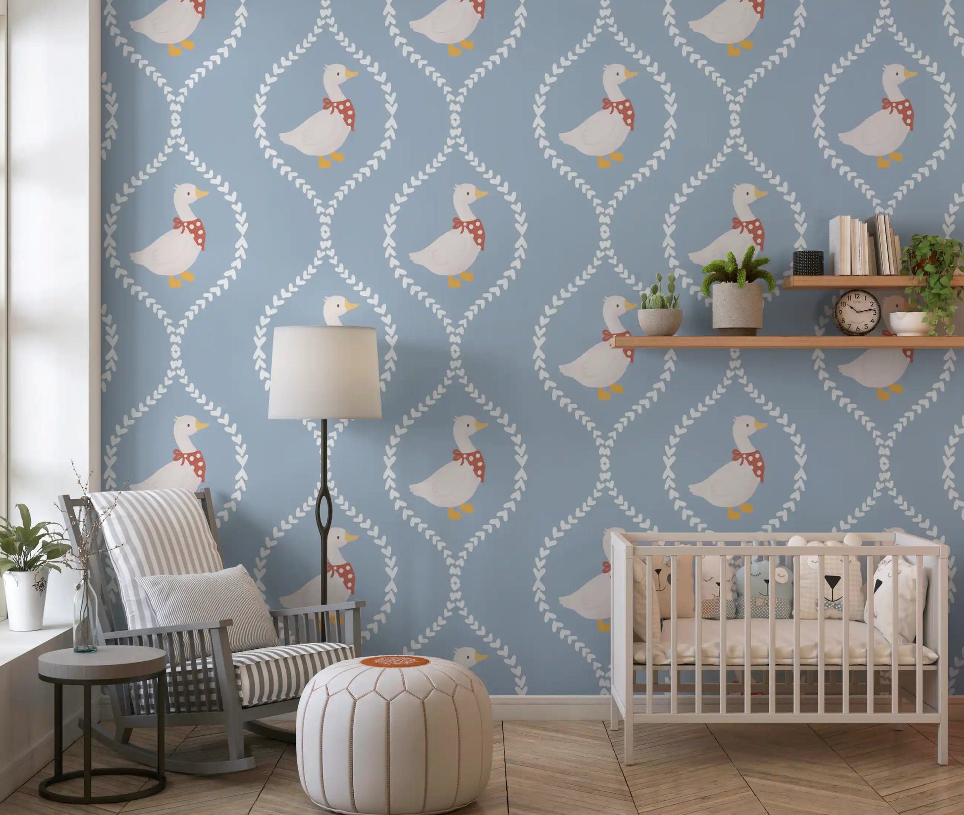 Repeat wallpaper showing geese with bows, polka-dot scarves and small hearts., GD10101