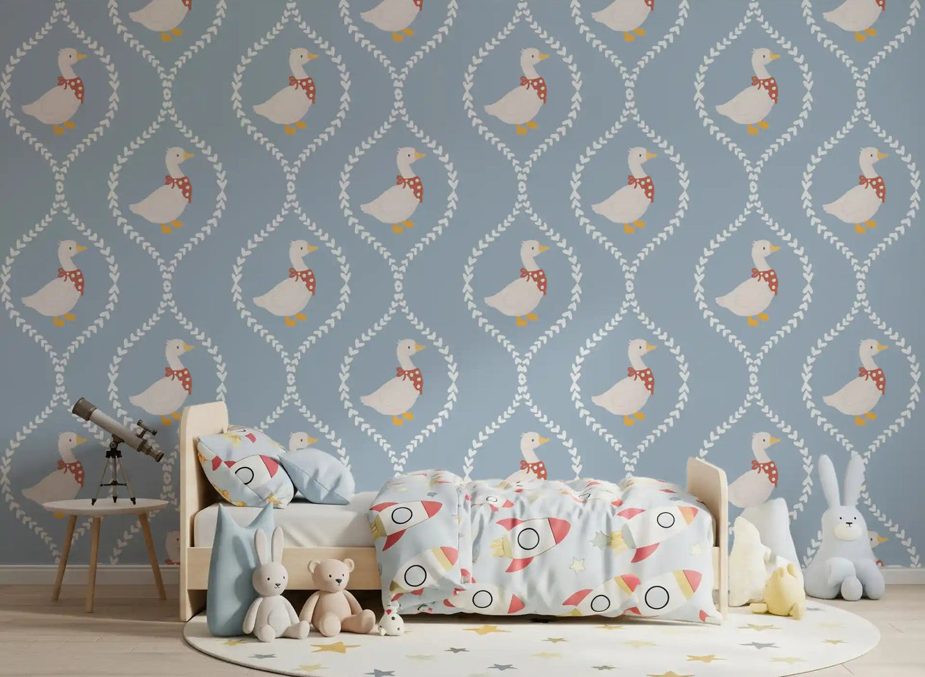 Goose wallpaper with white geese, red polka-dot scarves, and heart trellis in kids bedroom.