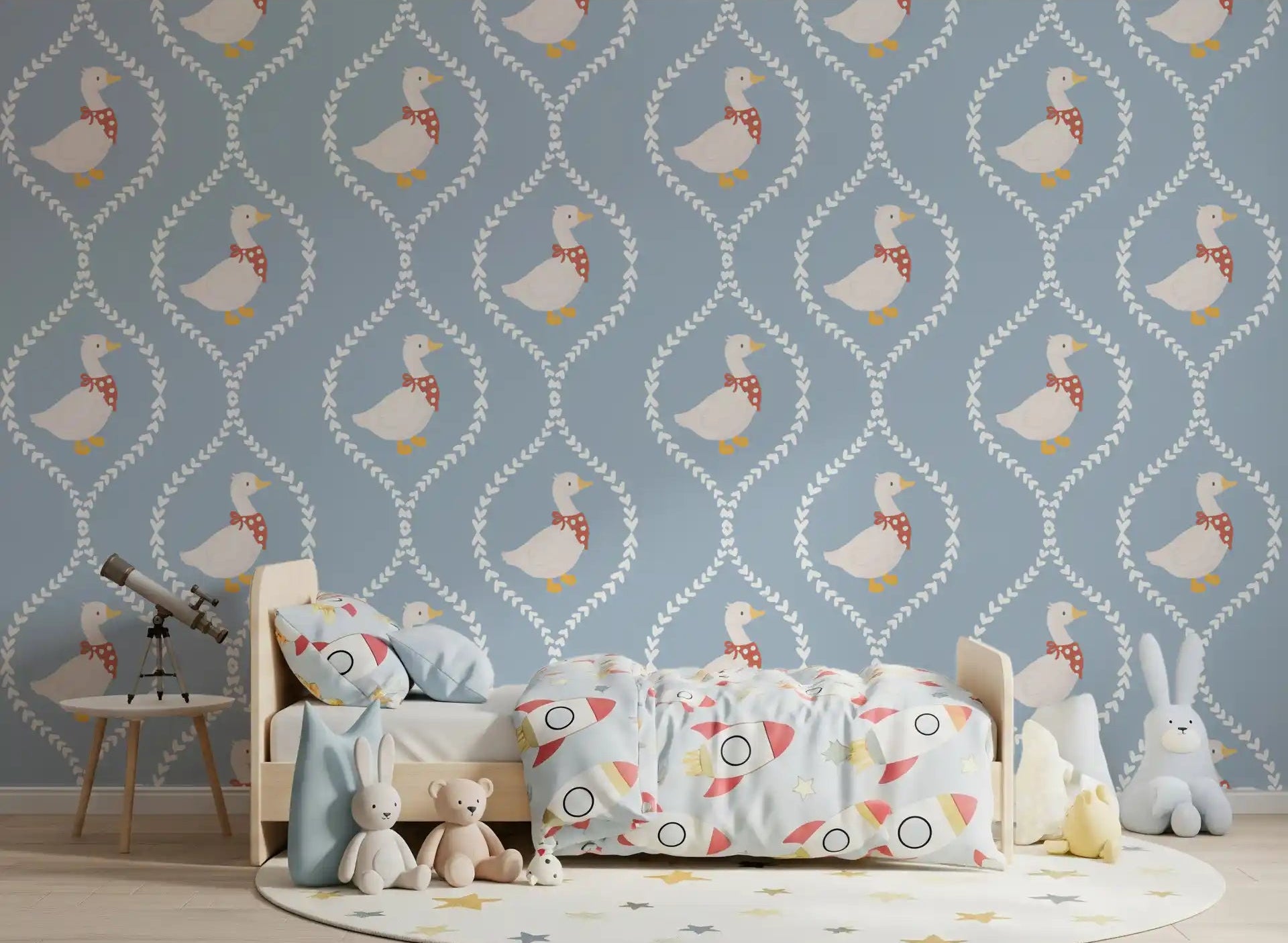 Goose wallpaper with white geese, red polka-dot scarves, and heart trellis in kids bedroom., GD10101
