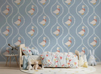 Goose wallpaper with white geese, red polka-dot scarves, and heart trellis in kids bedroom., GD10101