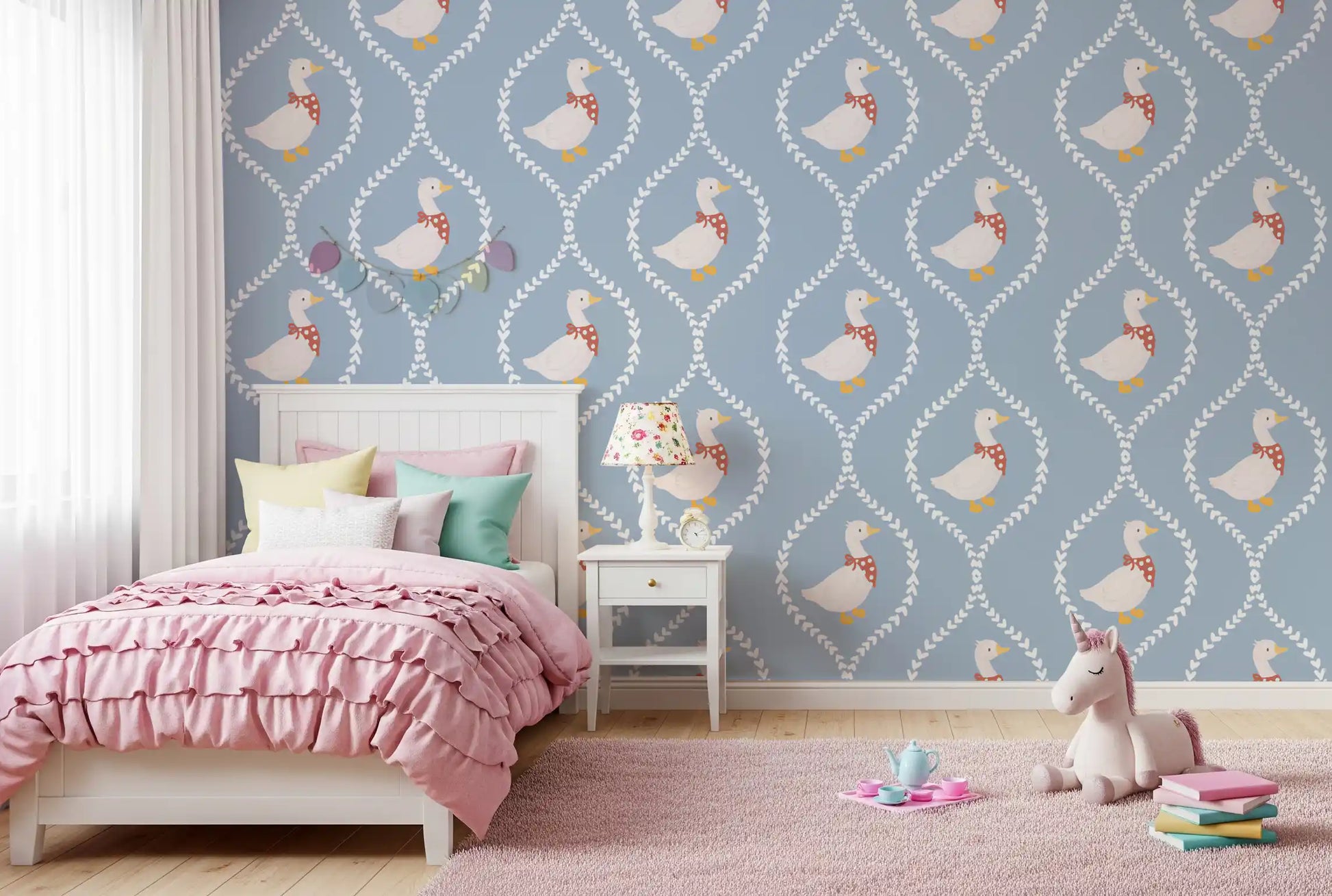 Pattern wallpaper with geese wearing red polka-dot scarves and yellow webbed feet., GD10101