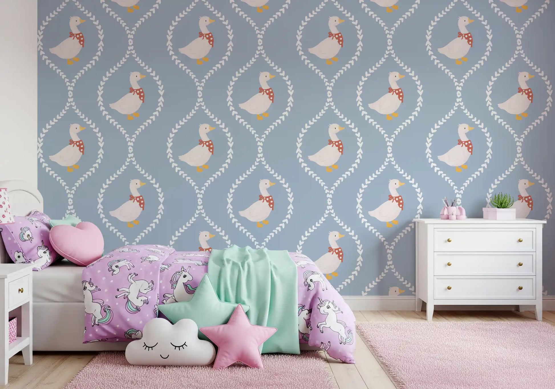 child's bedroom wall in goose wallpaper with heart trellis and dusty blue background, GD10101