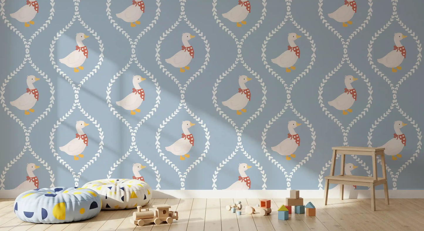Soft blue wallpaper with farmhouse geese set in kids playroom., GD10101