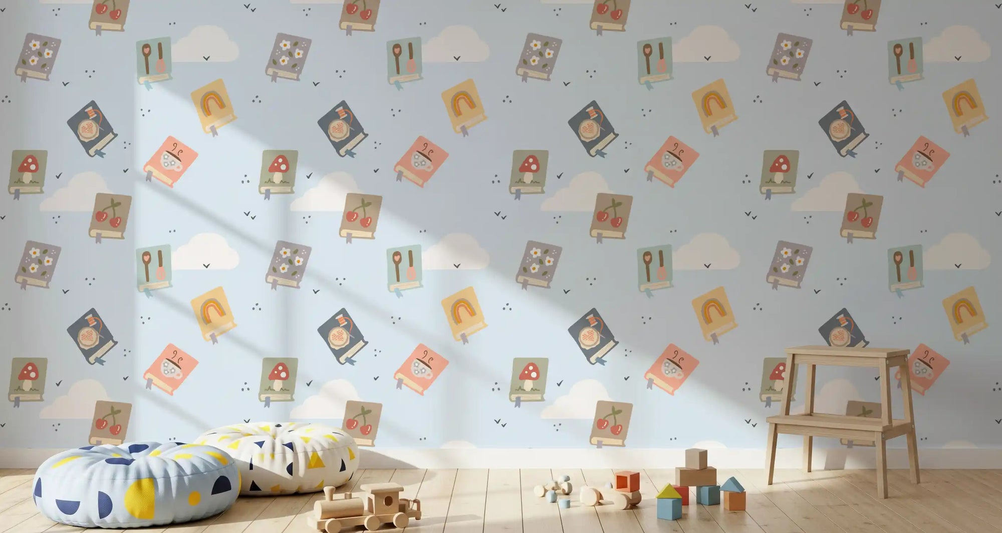 Pastel book covers wallpaper with cookbook, cherries, mushroom, and rainbow in nursery., GD10102