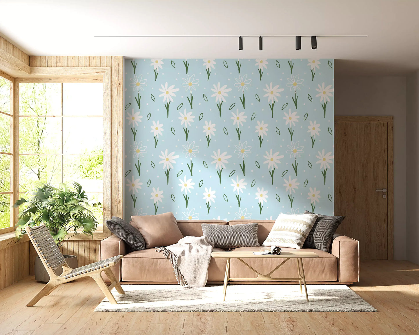 Outline-style daisy bloom alongside shaded white flowers on light blue wallpaper.