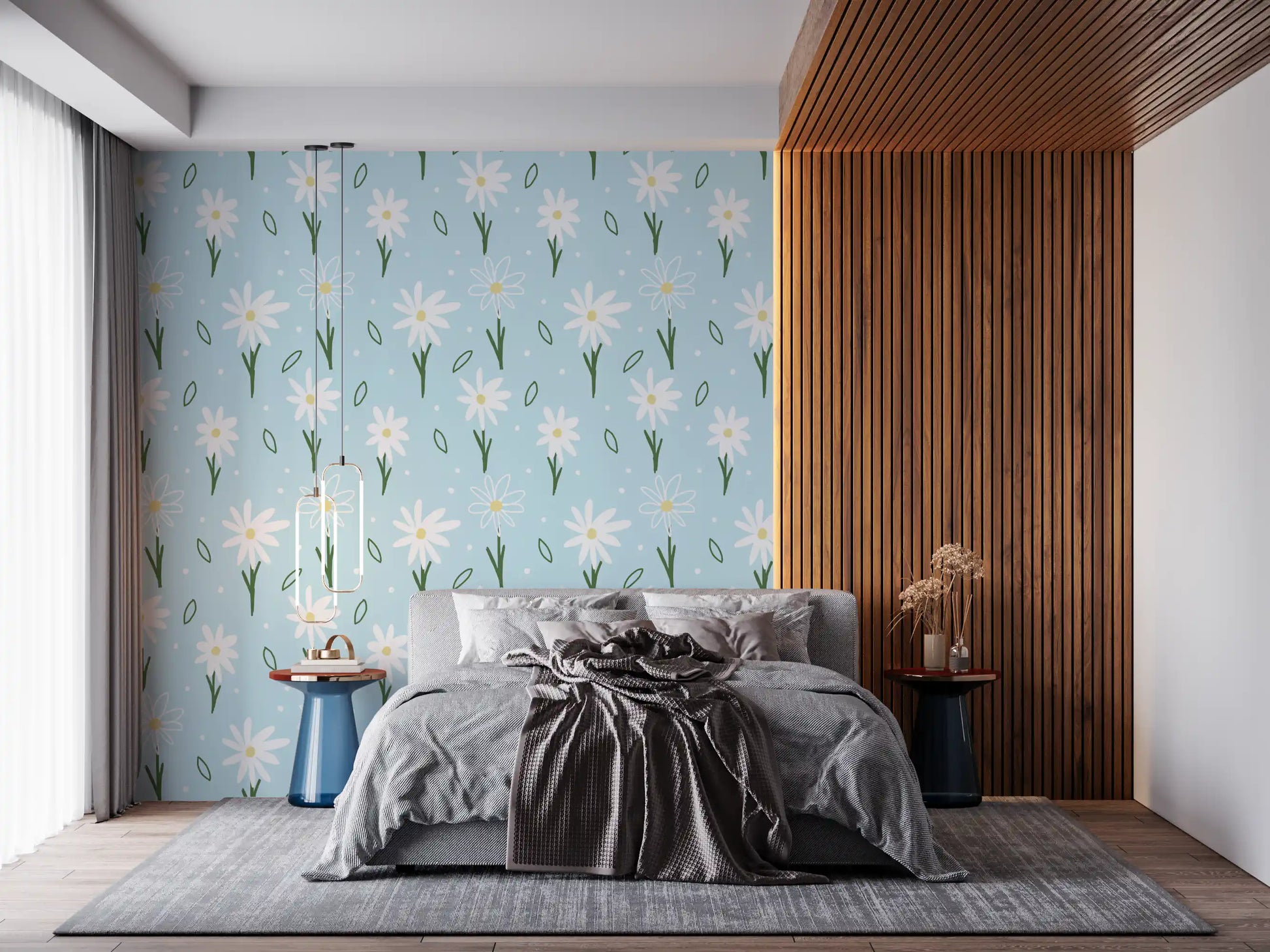 Blue daisy wallpaper featuring white blooms and small scattered leaf accents.