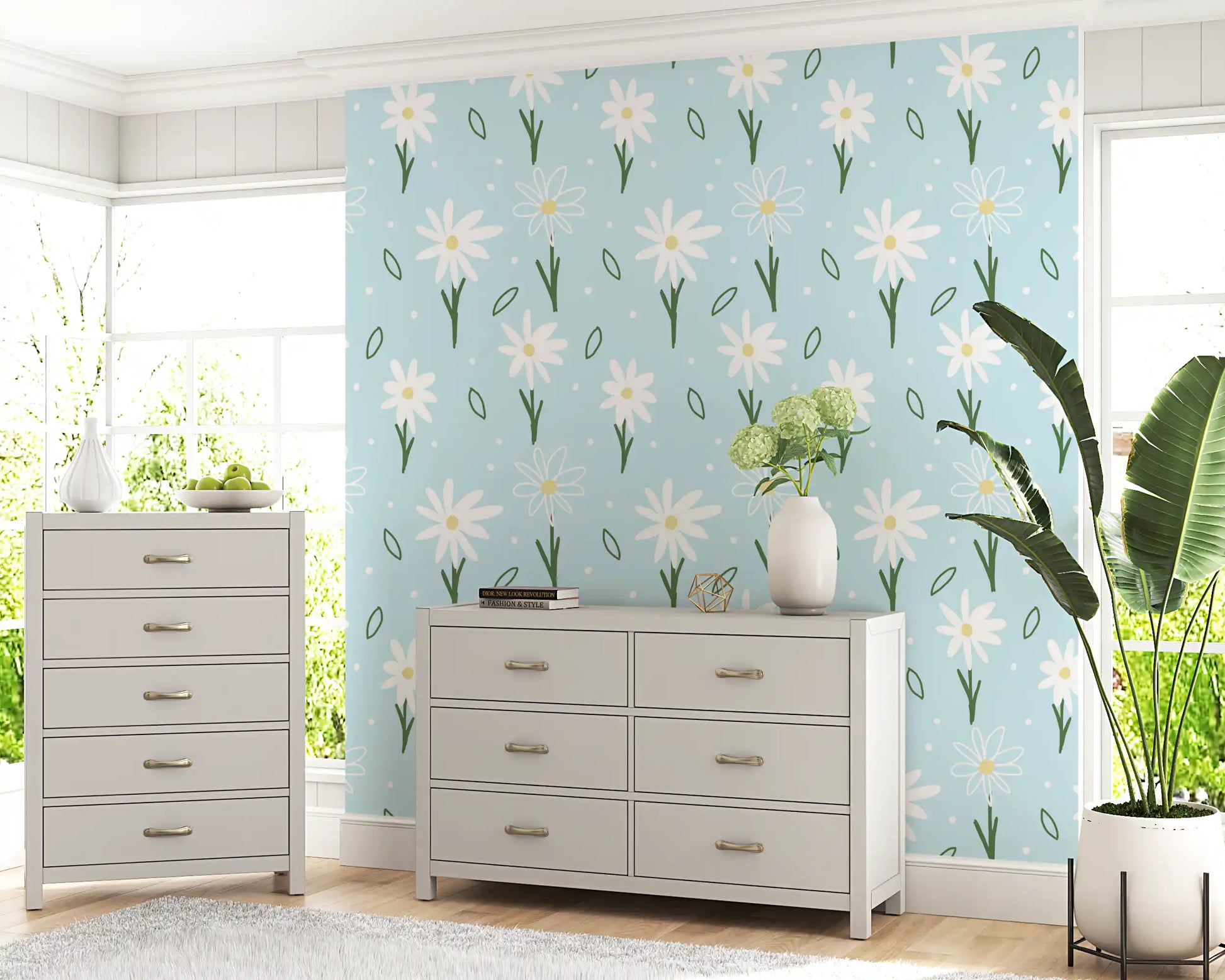 Hallway wallpaper with blue background and white daisy flowers in playful motion