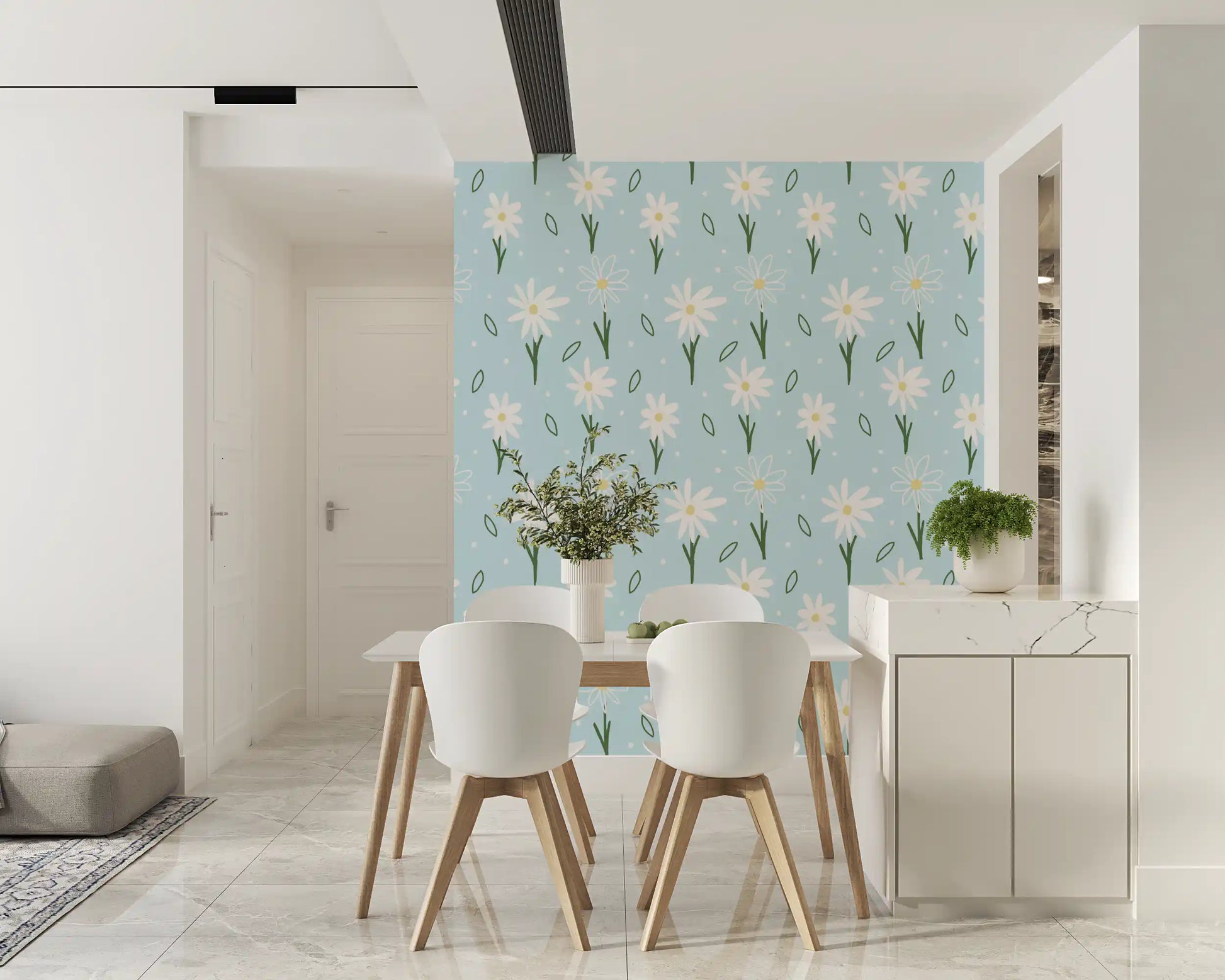 Floral wallpaper with cheerful white daisies on a pale sky-blue background.