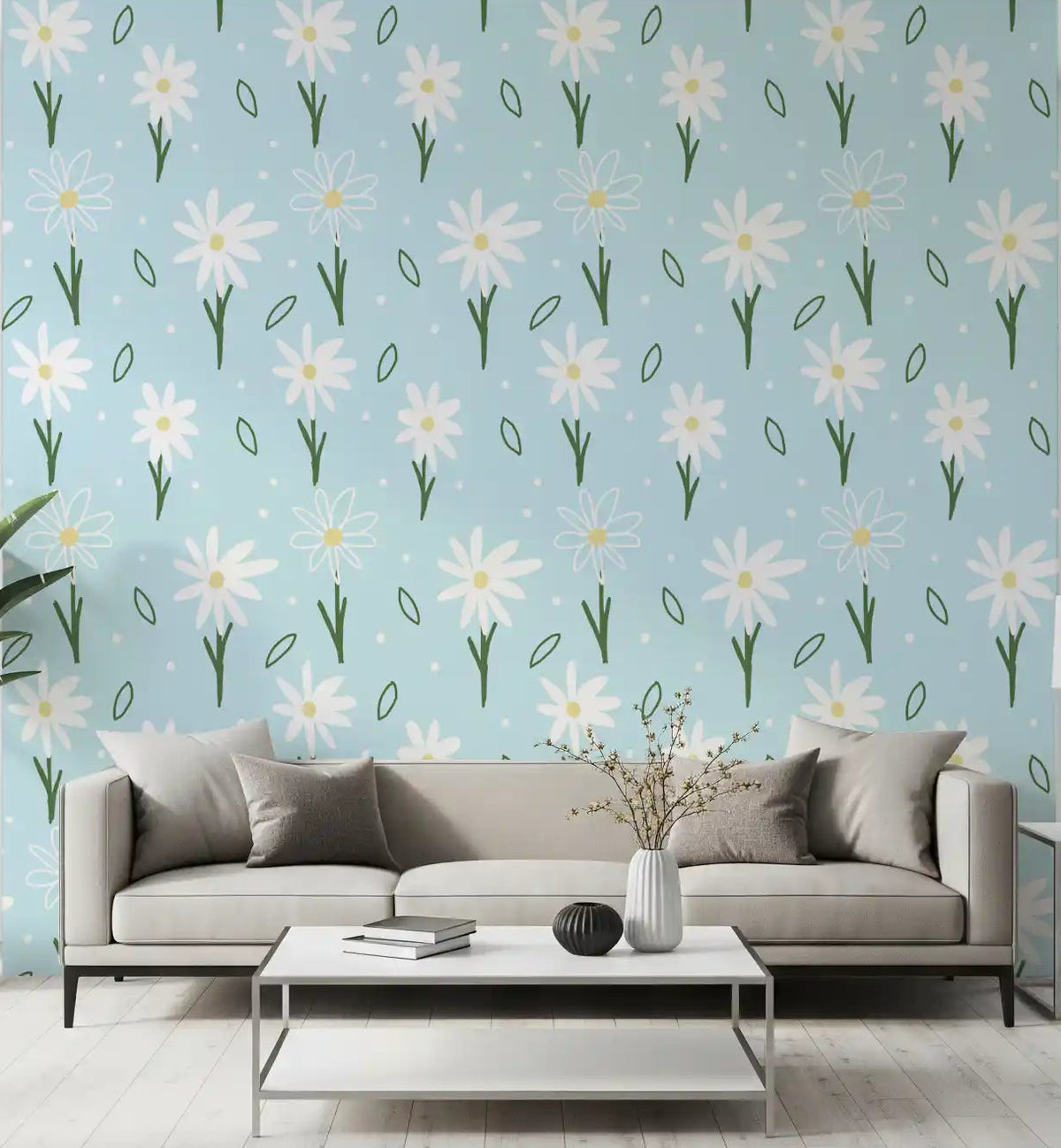 White daisies with yellow centres on a soft blue wallpaper in living room., GD10104