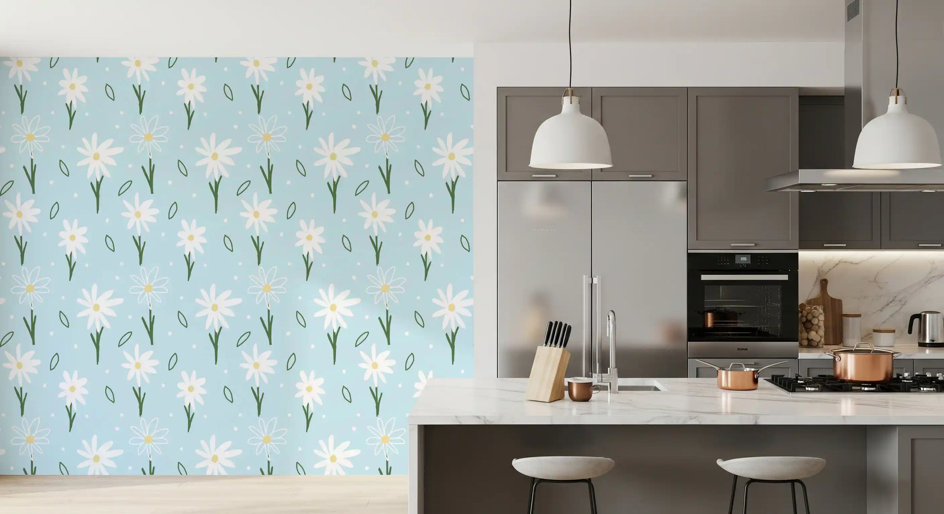 Kitchen wallpaper in sky-blue with white daisies, green leaves, and yellow centre.