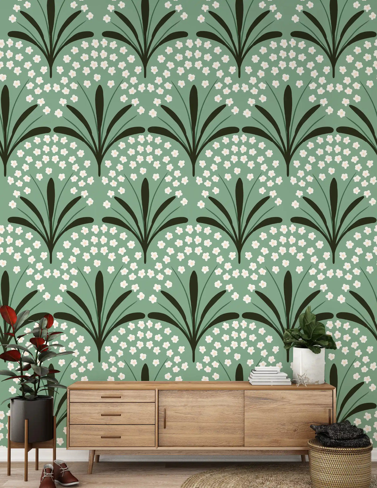 Hallway wall covered in botanical wallpaper with daisy fan motif and palm leaves., GD10105