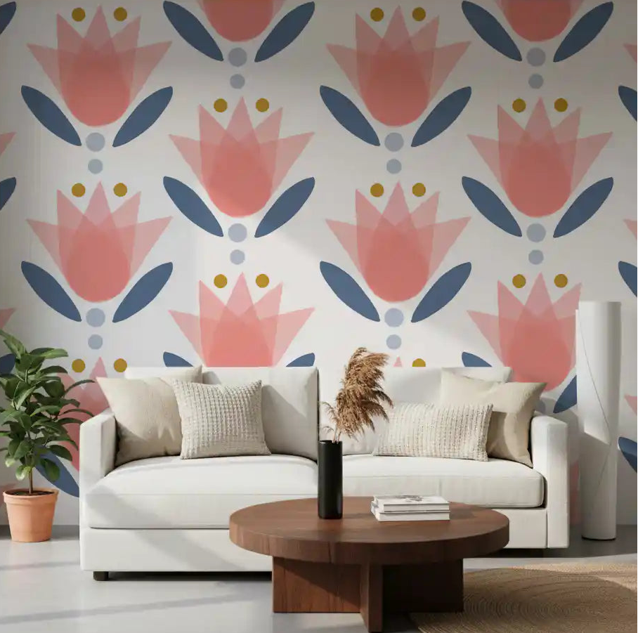 Pastel tulip floral wallpaper with coral petals and navy blue leaves in living room.