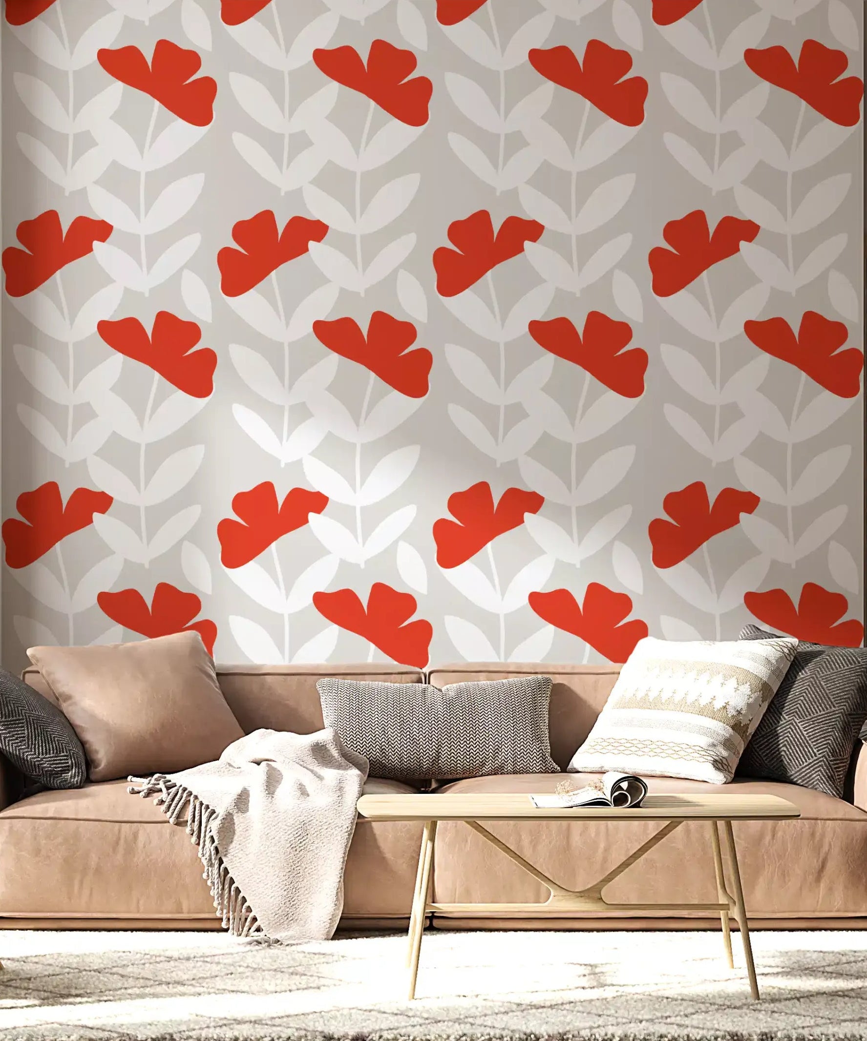 Red peony wallpaper installed in a modern living room with cream walls., GD10107