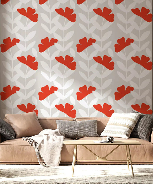 Red peony wallpaper installed in a modern living room with cream walls.