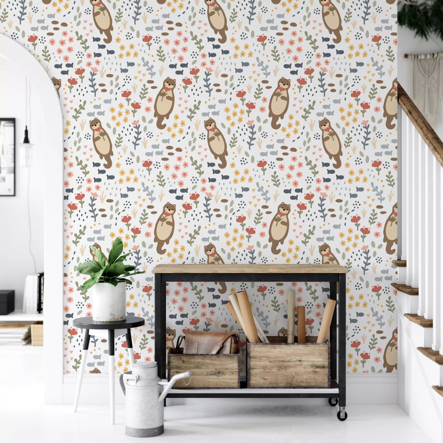 Whimsical Otters & Wildflowers Wallpaper⁠