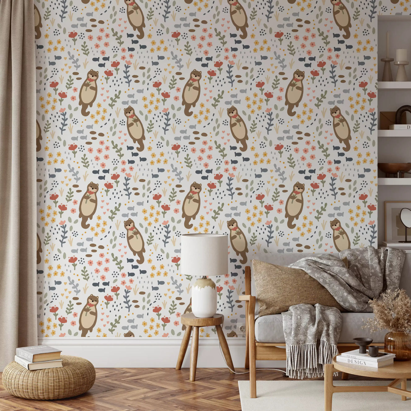 Otter wallpaper with brown otters, red tulips, grey fish and pink wildflowers.