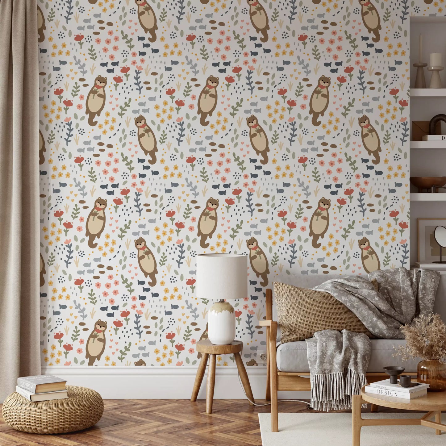 Whimsical Otters & Wildflowers Wallpaper⁠