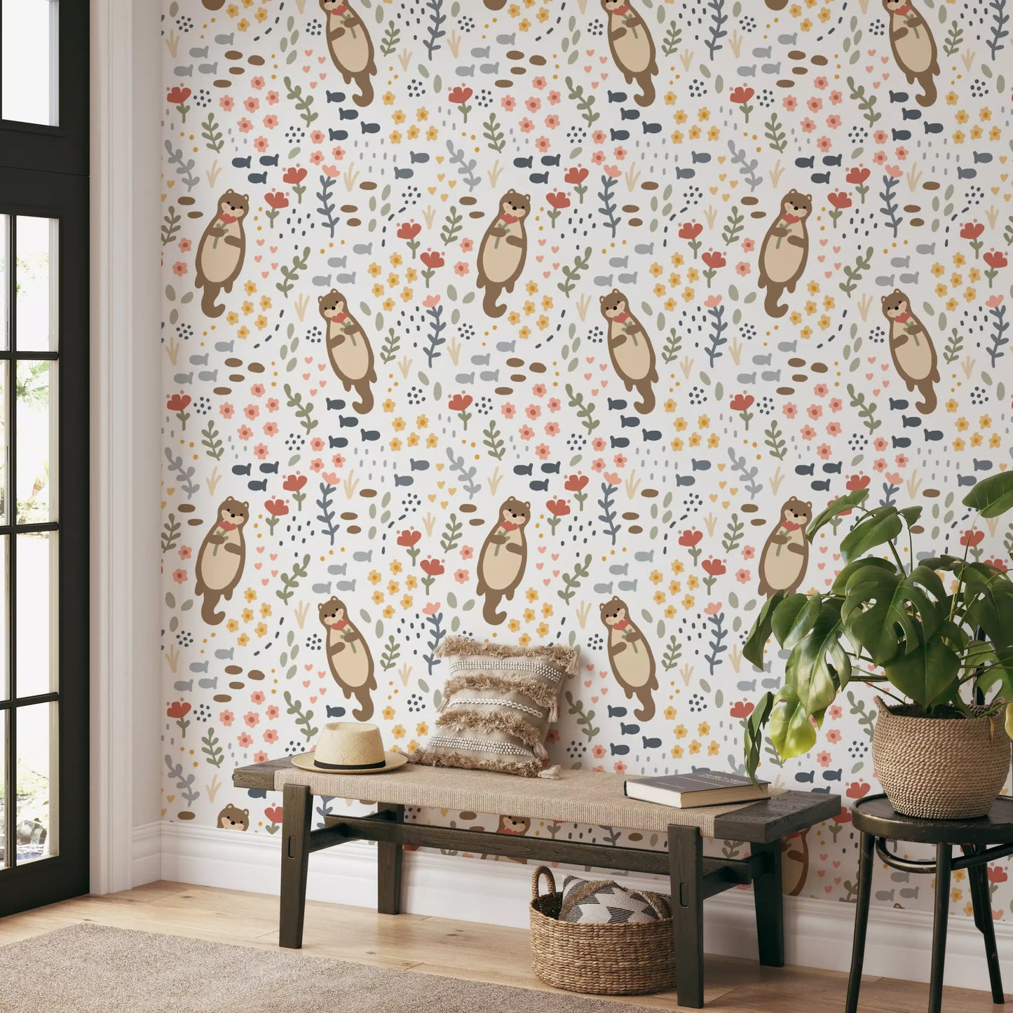 Whimsical Otters & Wildflowers Wallpaper⁠