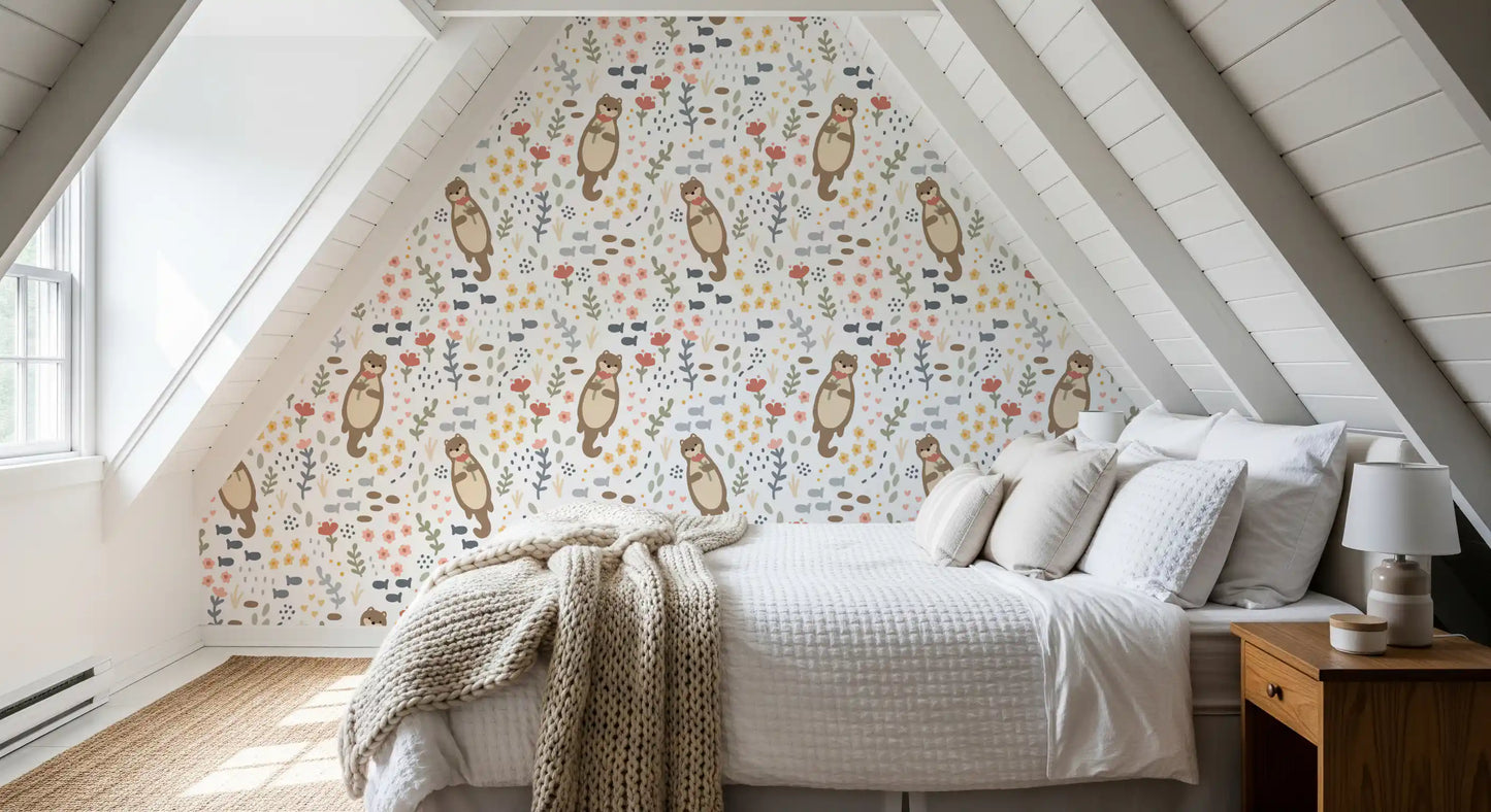 Whimsical Otters & Wildflowers Wallpaper⁠