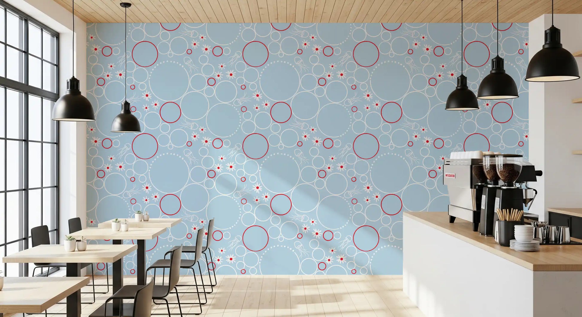 Abstract aquatic wallpaper with floating circles, dots, daisies and jellyfish lines.