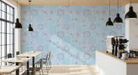 Abstract aquatic wallpaper with floating circles, dots, daisies and jellyfish lines.