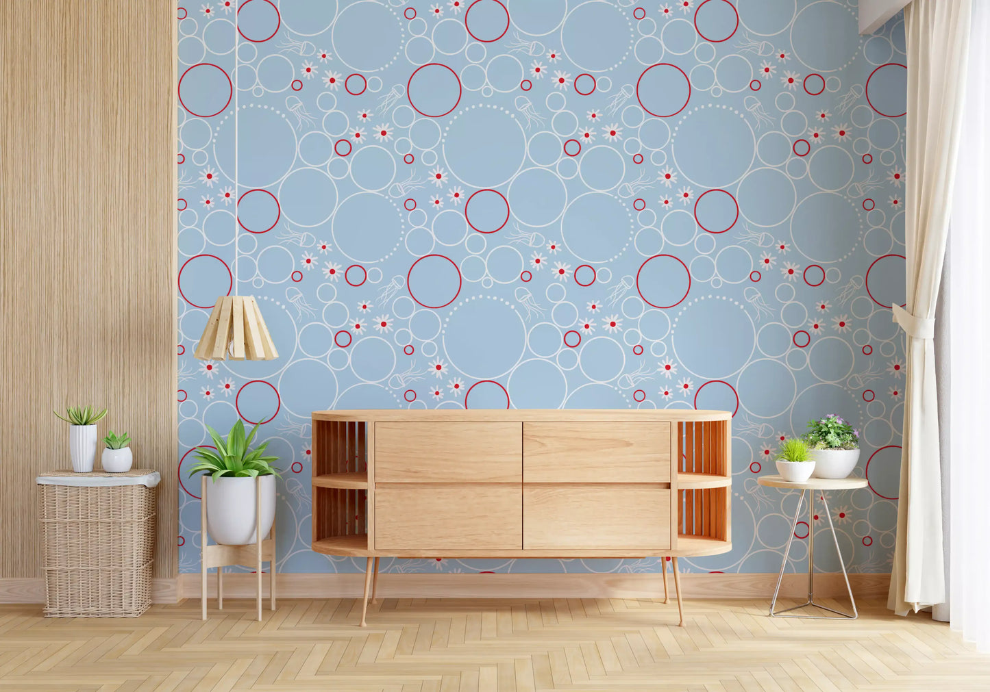 Underwater themed wallpaper with circle outlines, dotted rings, and daisy motifs.