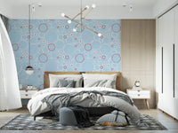 Aquatic pattern wallpaper featured in a calm bedroom with bubble motifs