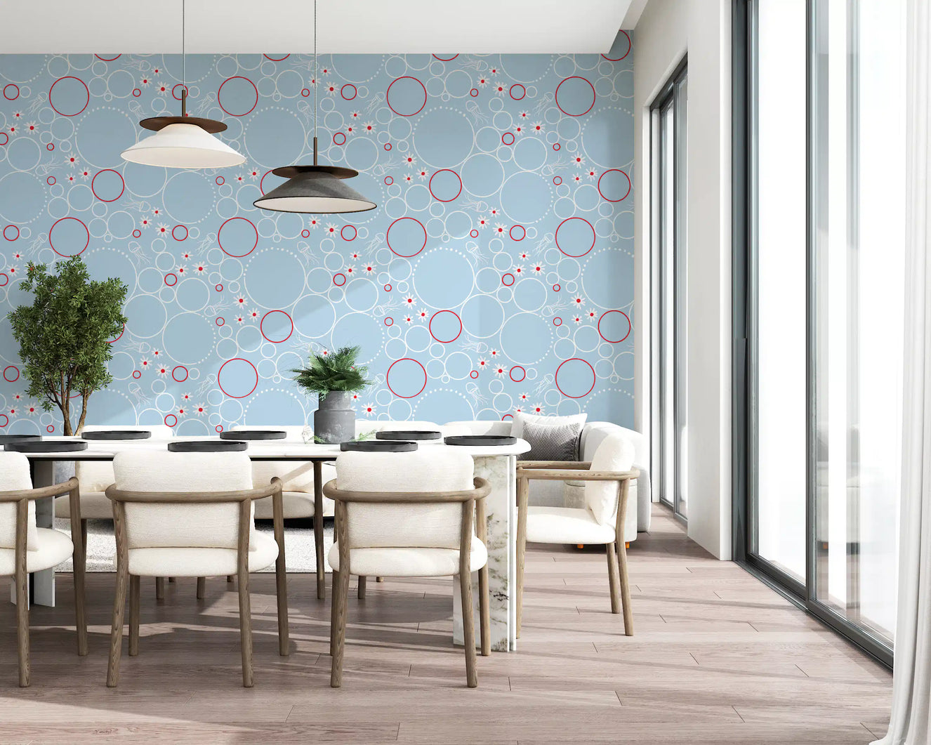 Modern bubble pattern wallpaper featuring red and white circles in dining room.