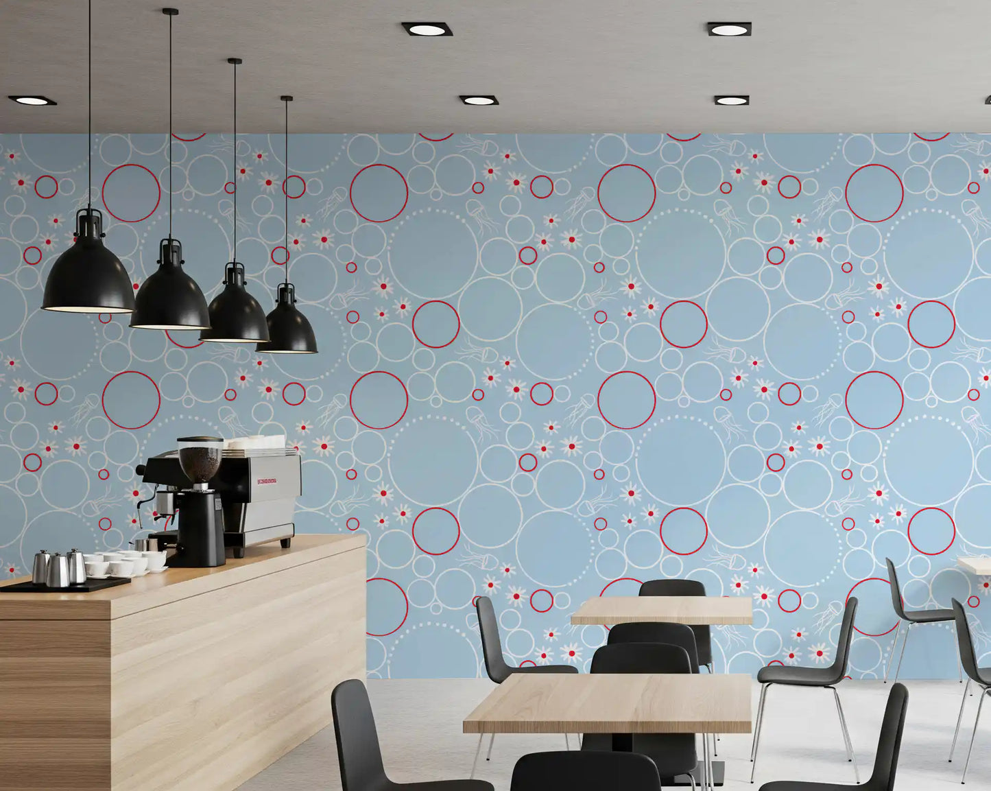 Repeating bubble wallpaper with red outlined circles, white daisies.