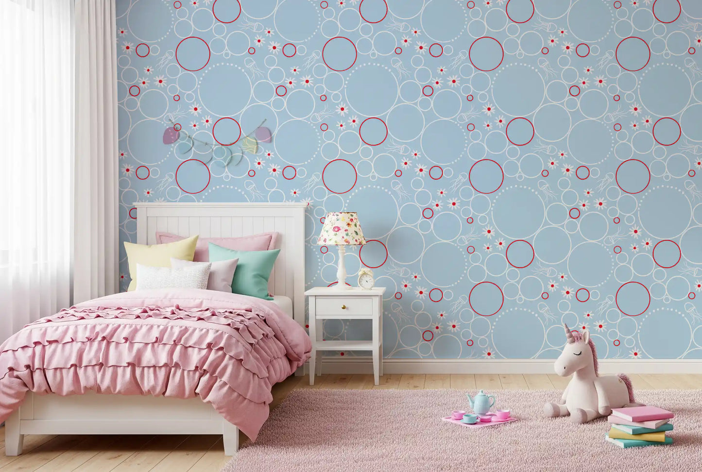 Crisp white circles and daisies wallpaper with red rings and jellyfish drawings.