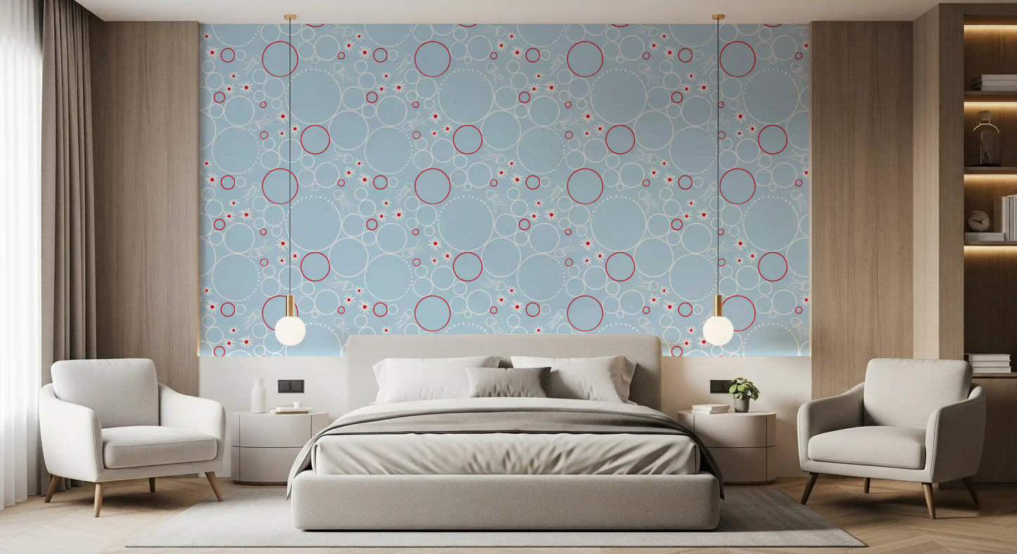 Overlapping circle wallpaper with daisy flowers, dotted rings, and jellyfish lines.