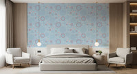 Overlapping circle wallpaper with daisy flowers, dotted rings, and jellyfish lines.