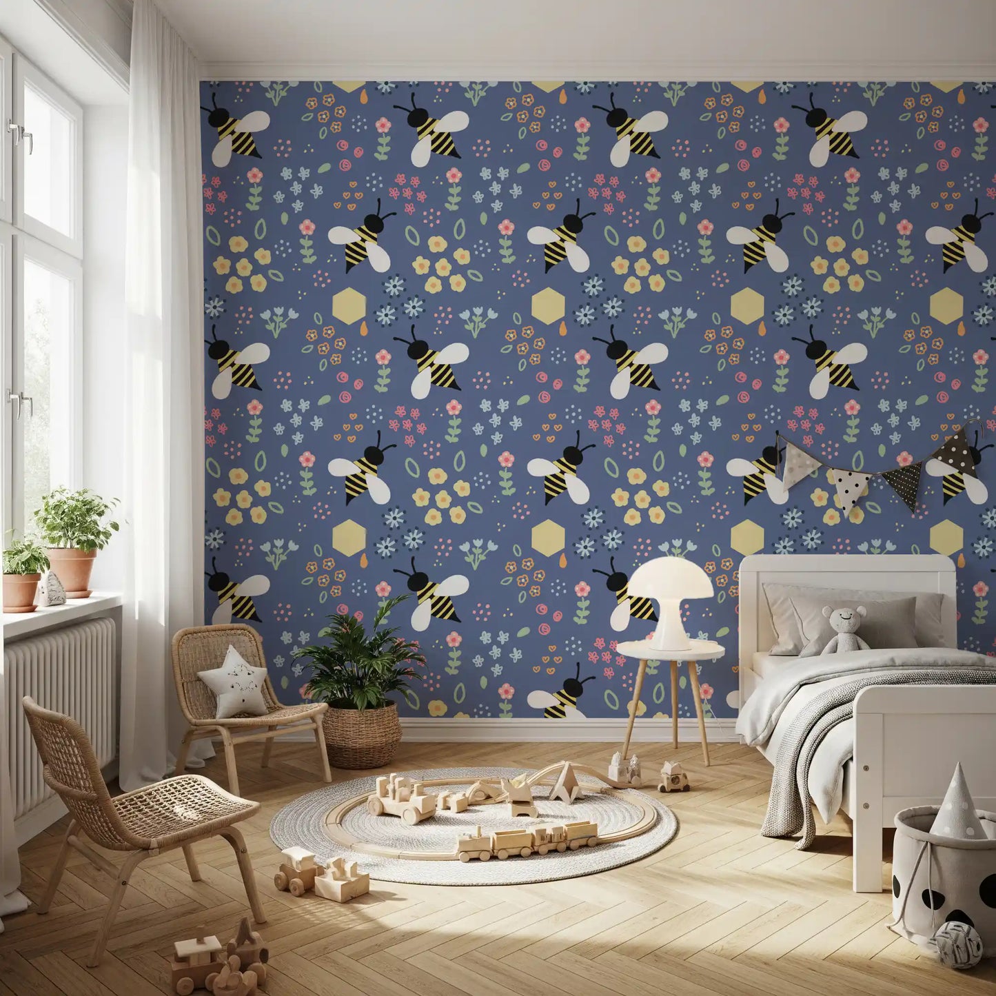 Kids bedroom wall covered in bee garden wallpaper with yellow and pink flowers, GD10110