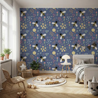 Kids bedroom wall covered in bee garden wallpaper with yellow and pink flowers, GD10110