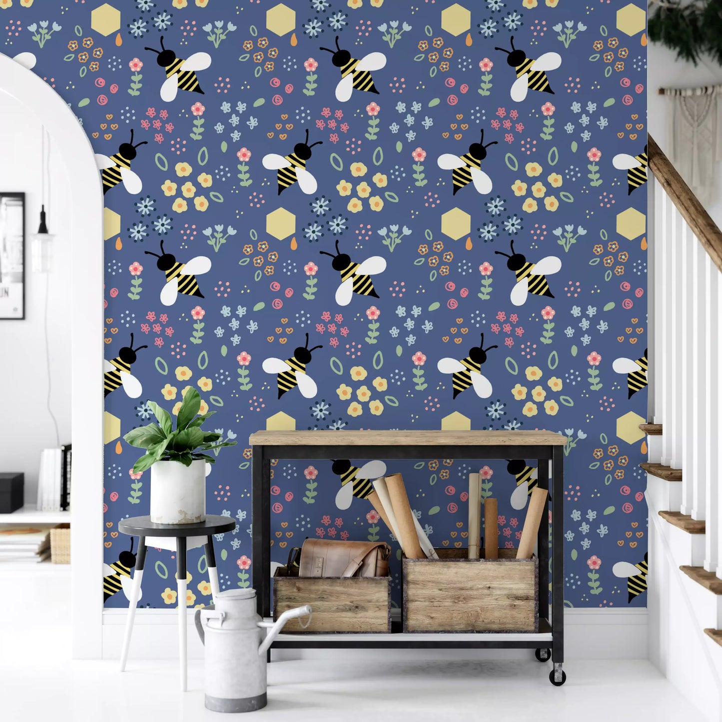 Repeating bee and floral wallpaper with pink, yellow and blue accents., GD10110