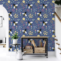 Repeating bee and floral wallpaper with pink, yellow and blue accents., GD10110