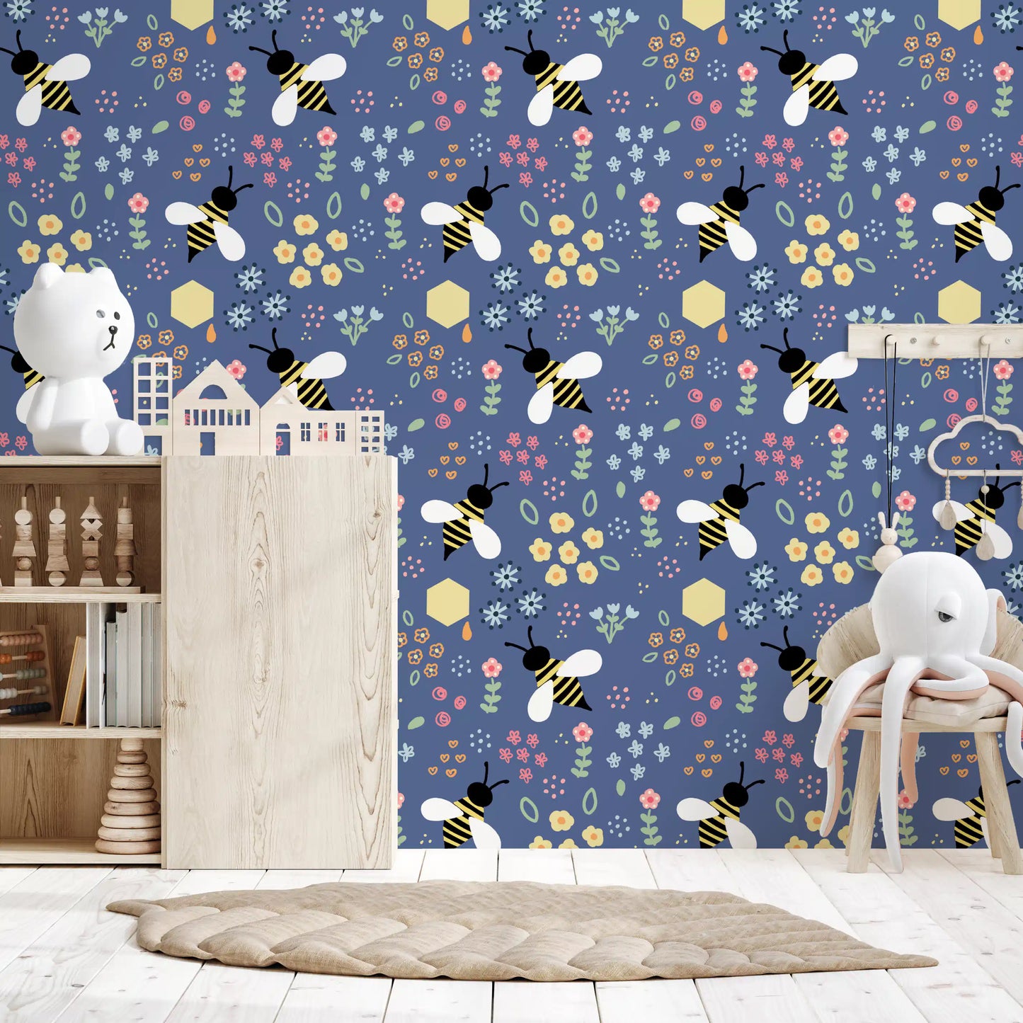 Dusty blue wallpaper showing two bees, daisies, roses, and tulip clusters., GD10110
